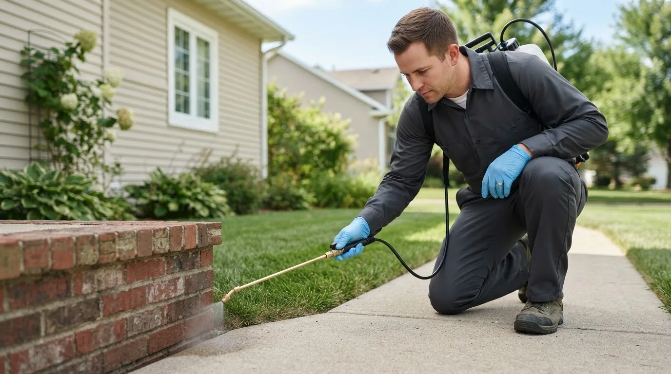 Pest control technician treating a home near Frenchville, ME