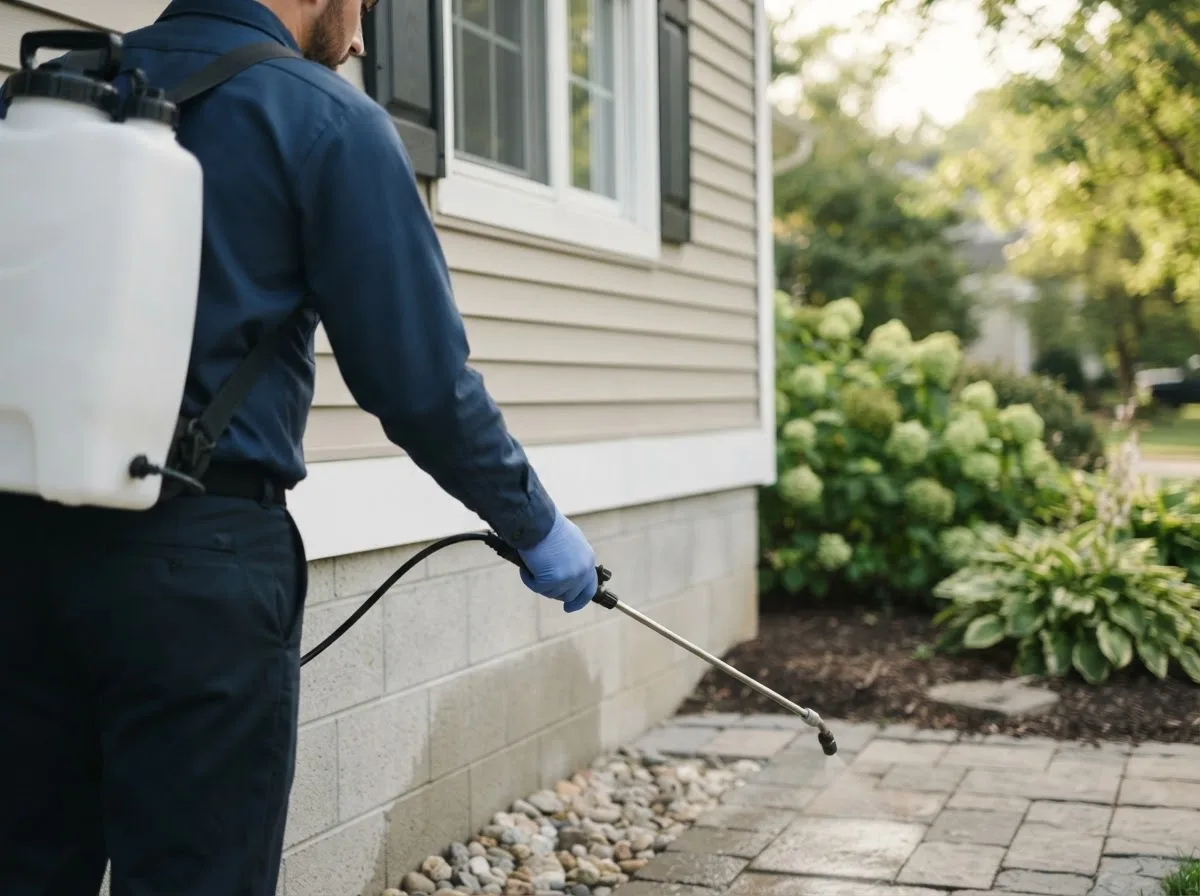 Pest control technician inspecting a home in Frenchville, ME